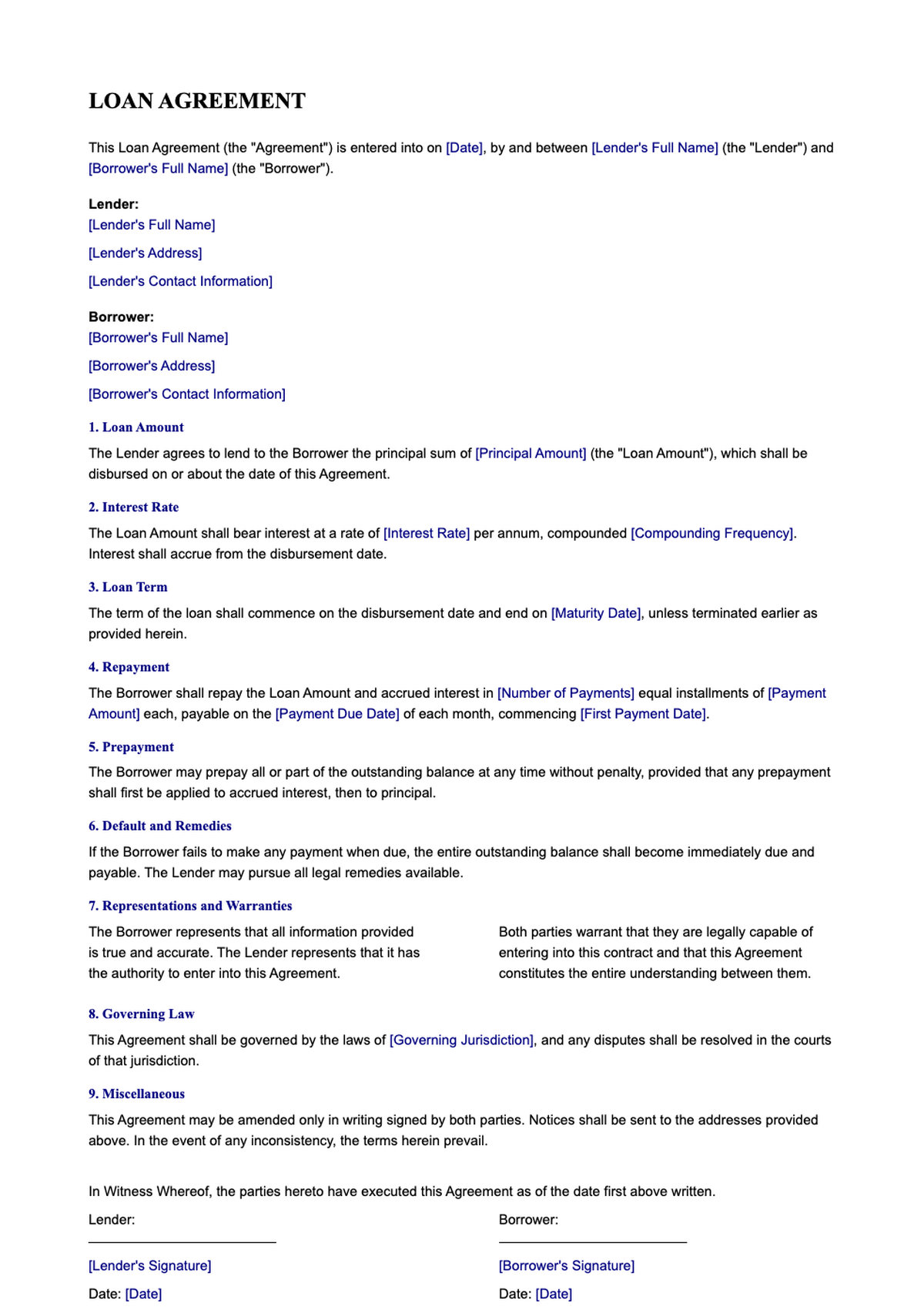 Loan agreement template with fillable fields for lender borrower details payment terms and bank_variant_3